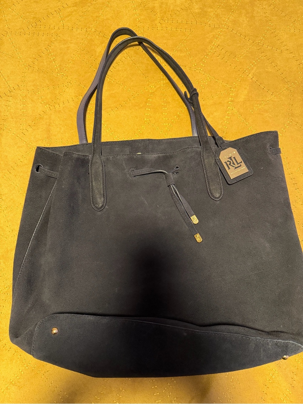 Ralph Lauren Navy Blue Suede Leather Tote with Gold Accents